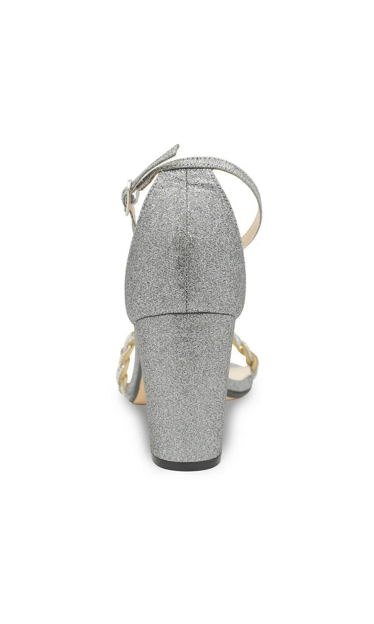 Back view of a Whitney Pewter Prom Shoes: Touch Ups 4673 silver glitter block-heel sandal with a rhinestone ankle strap.