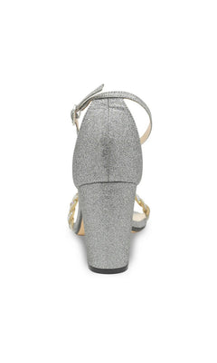 Back view of a Whitney Pewter Prom Shoes: Touch Ups 4673 silver glitter block-heel sandal with a rhinestone ankle strap.