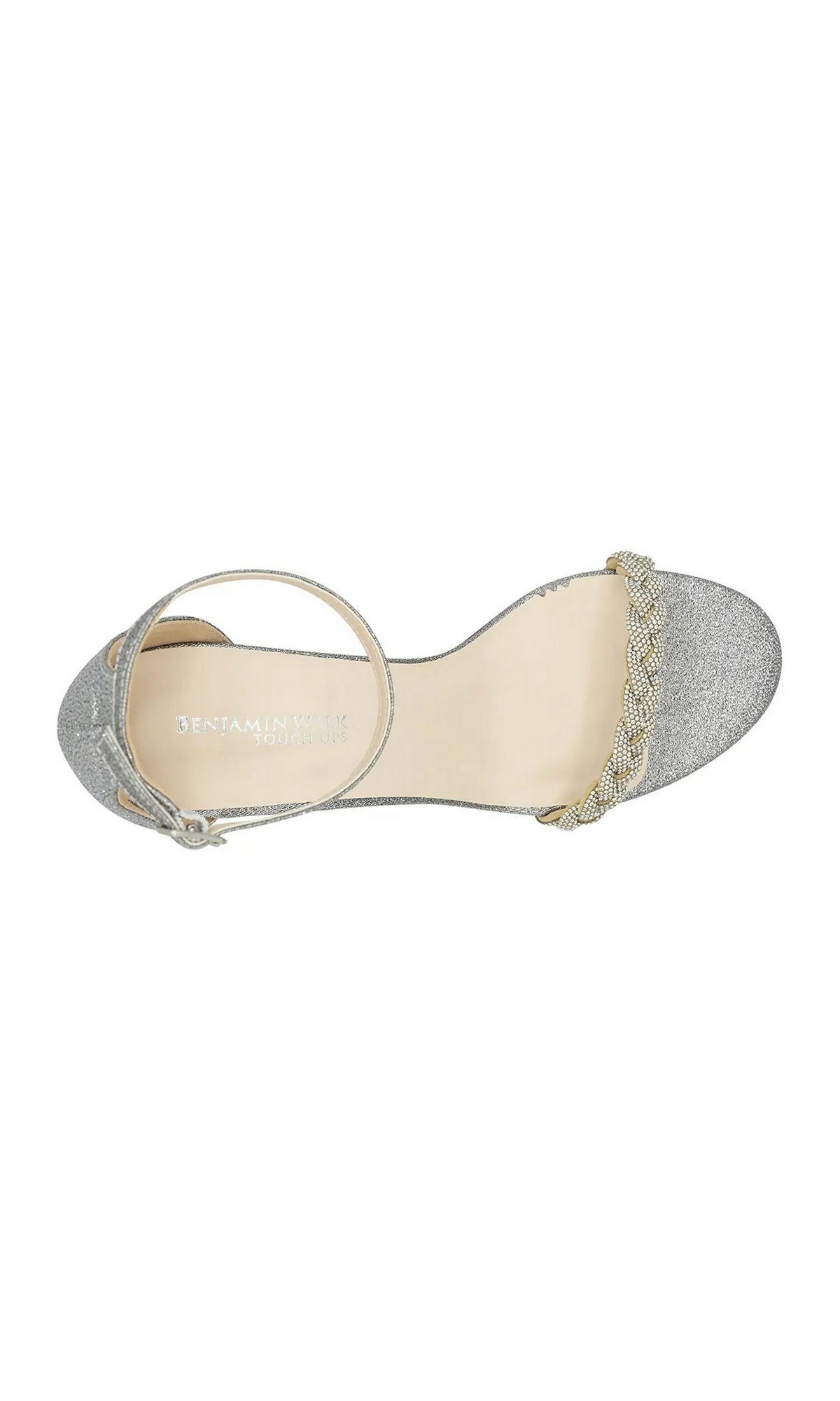 Whitney Pewter Prom Shoes: Touch Ups 4673 silver glitter ankle-strap sandal with a braided rhinestone strap over the toes.