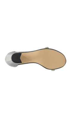 Top-down view of a Whitney Pewter Prom Shoes: Touch Ups 4673 silver heeled sandal, showcasing the tan insole and a decorative rhinestone strap.