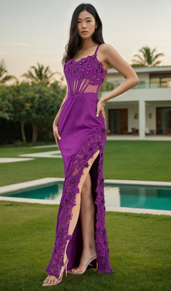 A woman in the Long Corset Prom Dress, Cinderella Couture 8085J—a fitted purple gown with lace details, beaded embroidery, and a thigh-high slit—stands by a pool in a garden setting.