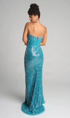 A woman stands with her back to the camera, wearing the Portia and Scarlett XO054: a strapless, turquoise sequin long formal dress with a fitted corset bodice and flared floor-length hem.