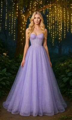 A woman wearing the Portia and Scarlett XO163 prom ball gown, featuring a strapless embellished bodice and glitter tulle skirt, stands outdoors at night amid hanging string lights and lush greenery.