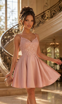 A woman in a rose pink Beaded-Bodice Short A-Line Homecoming Dress XR6008 stands indoors before a curved staircase, holding a beige clutch.