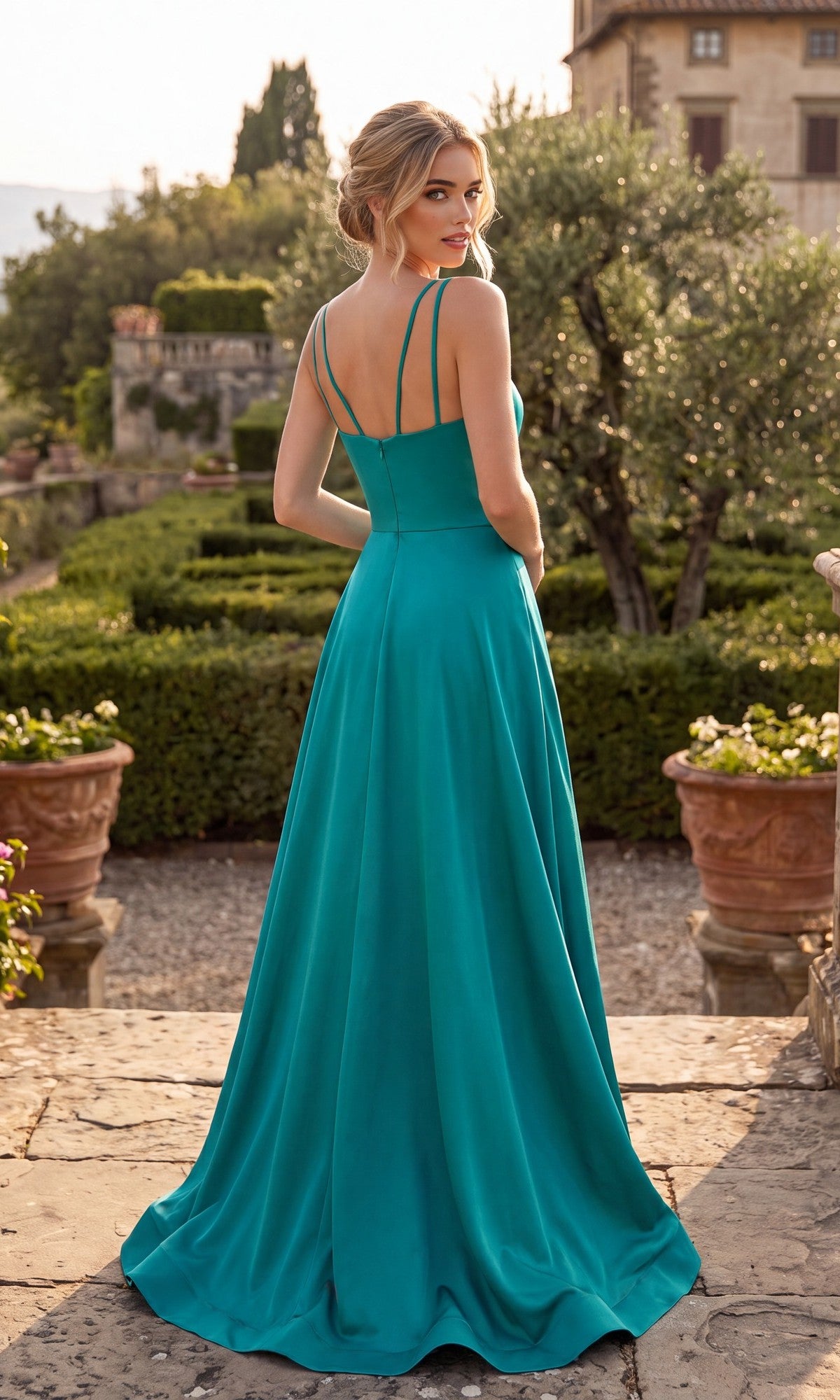 A woman stands outdoors on stone pavement, facing away, wearing the Chicas XR6009 long prom dress in teal; gardens and a large building appear in the background.