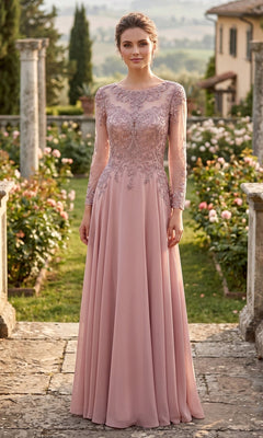 A woman wearing the Long Prom Dress: Chicas XR6014 in rose, featuring lace detailing and an embellished bodice, stands outdoors in a garden surrounded by flowers and stone pillars.