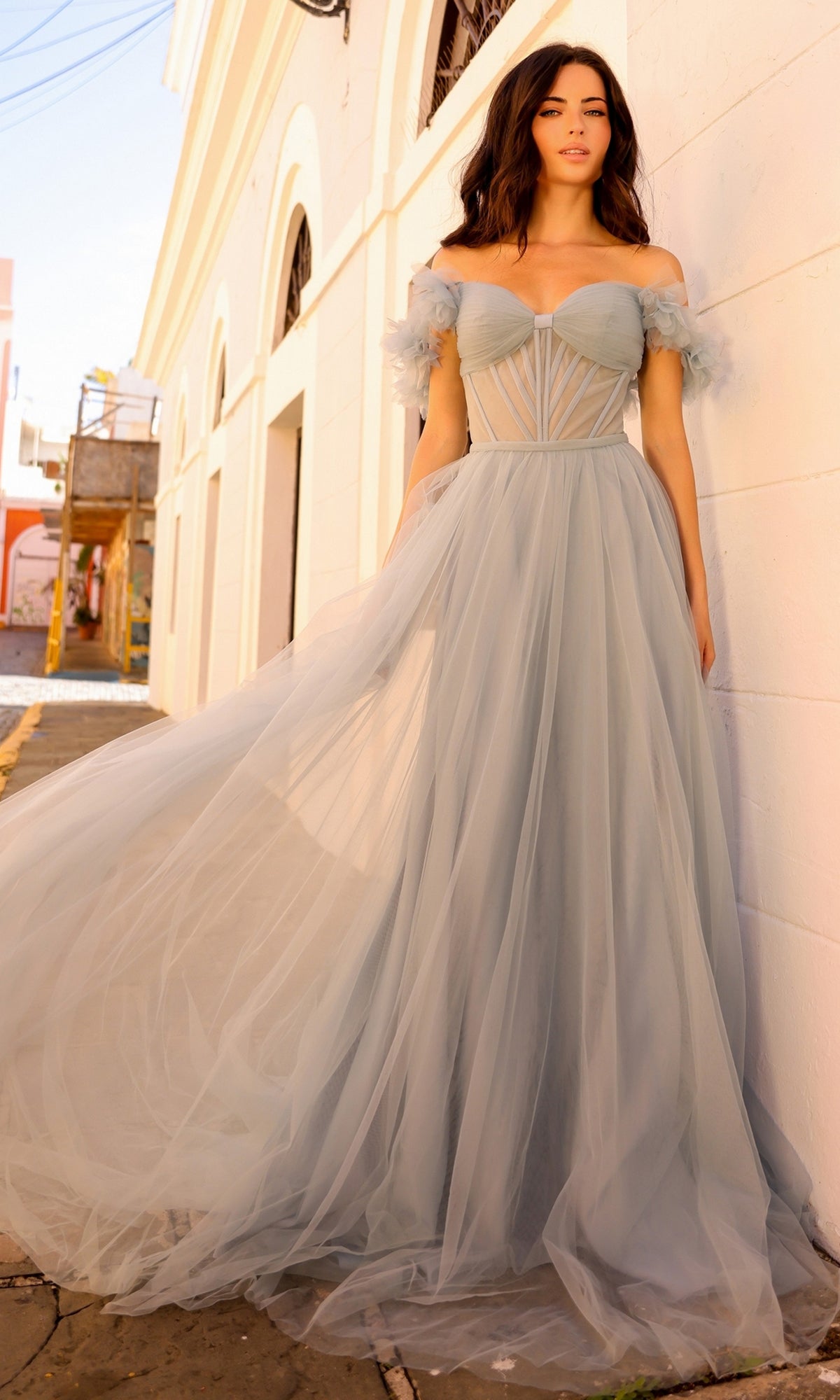 Dusty Blue Off-the-Shoulder Long Prom Gown Y1474