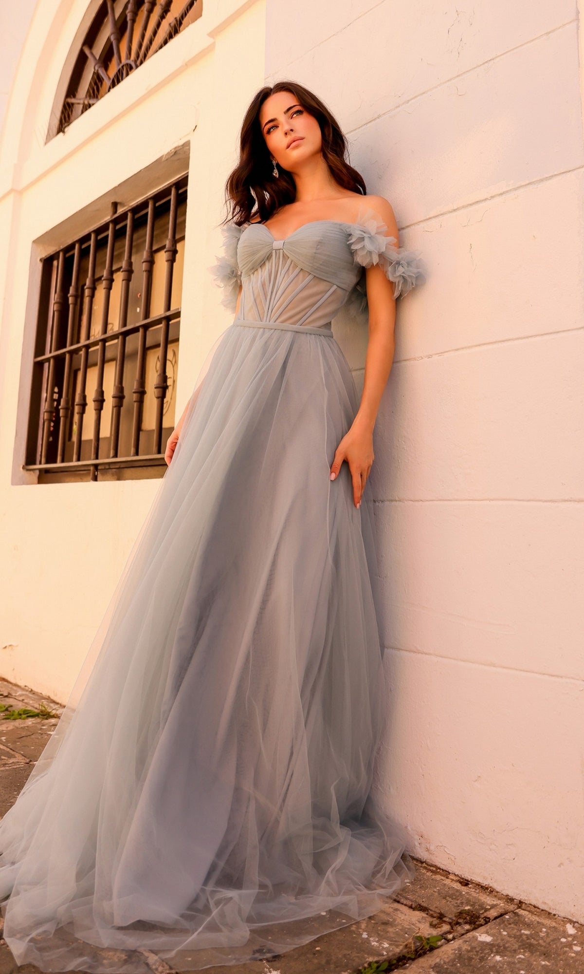 Dusty Blue Off-the-Shoulder Long Prom Gown Y1474