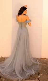 Dusty Blue Off-the-Shoulder Long Prom Gown Y1474