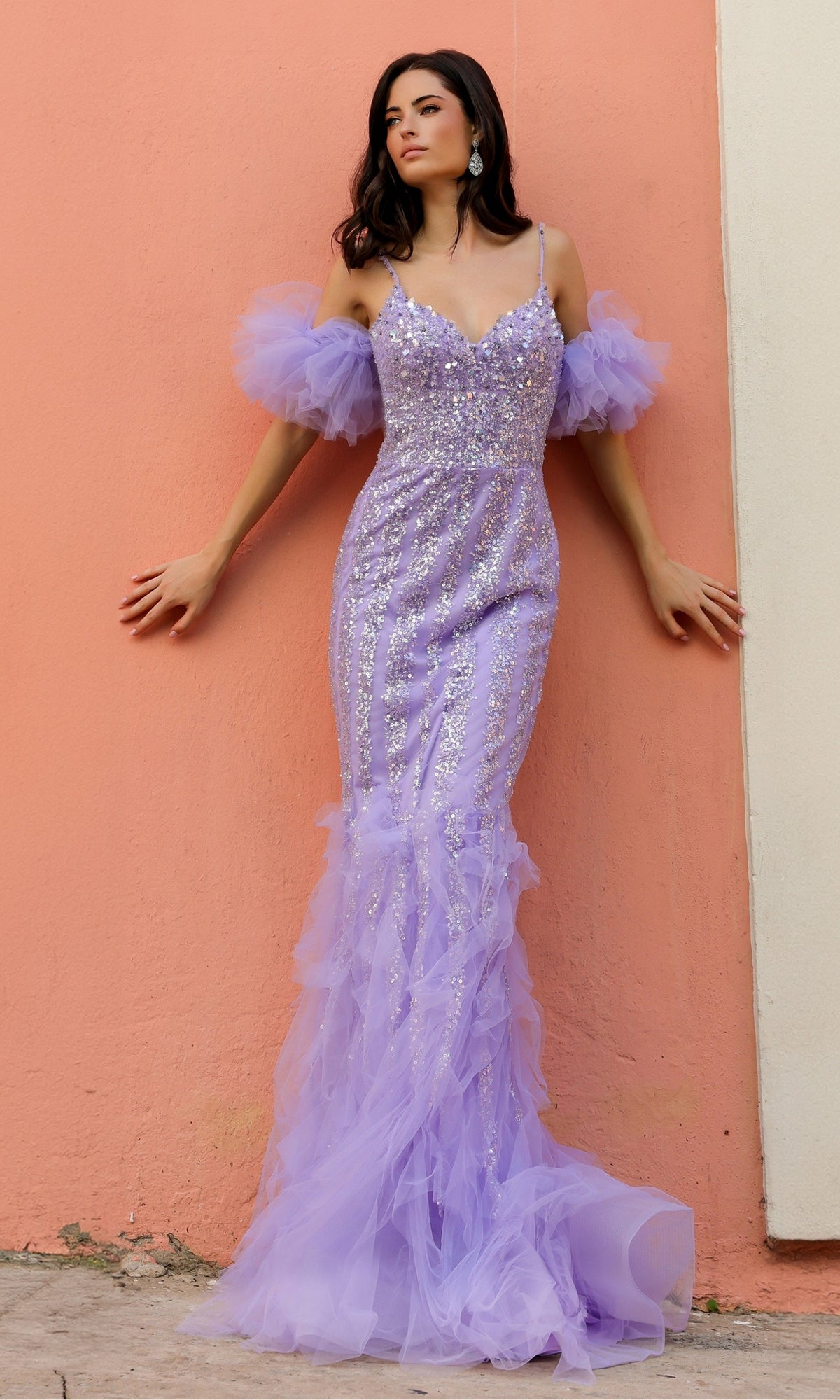 Puff-Sleeve Periwinkle Long Prom Dress Y1476