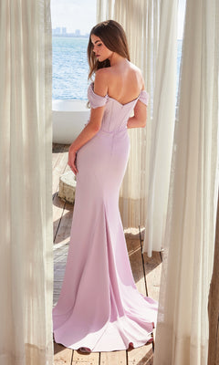A woman in the Off-Shoulder Lilac Prom Gown: Nox Anabel Y1483 stands on a wooden deck by the ocean, facing away from the camera and framed by sheer white curtains.
