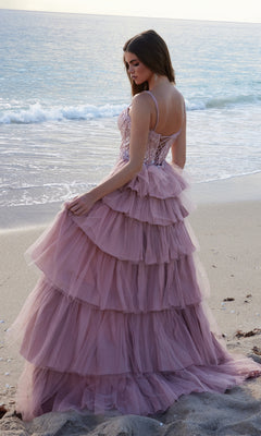 Long Lace Prom Dress with Removable Ruffled Overskirt Dusty Rose / 4