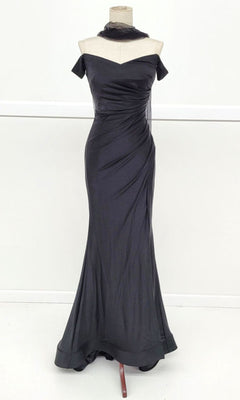 The Off-the-Shoulder Long Prom Dress: Chicas YG5025, shown in black and floor-length, is displayed on a dress form against a plain white background.