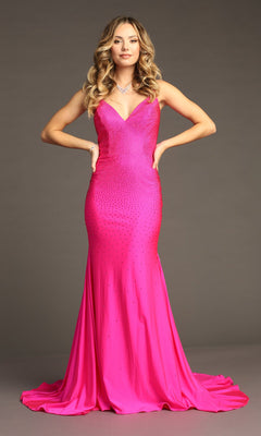 A woman stands against a plain background wearing the Lace-Up Long Beaded Prom Dress: Chicas YG5026, a fitted, bright pink gown with a sweetheart neckline and subtle embellishments.