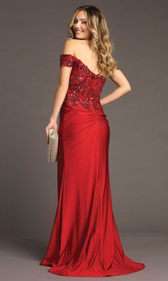 A woman in the Sequin-Bodice Long Prom Dress: Chicas YG5027, featuring an off-the-shoulder neckline, sequin corset bodice, and ruched back detail, holds a beige clutch against a plain background.