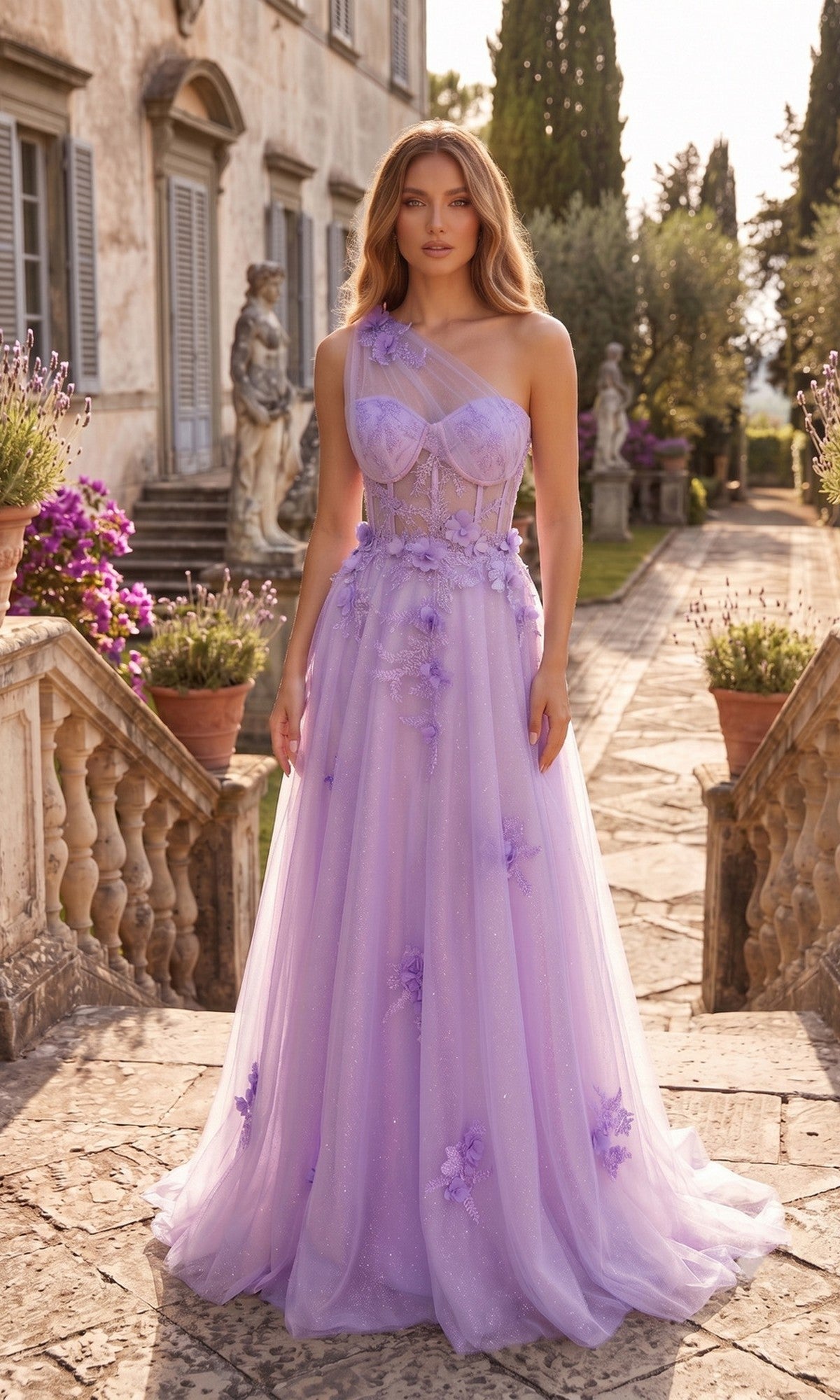 A woman stands outside on stone steps, wearing the Long Prom Dress: Chicas YG5028 in lilac, featuring a one-shoulder design with floral embellishments and an elegant a-line glitter tulle skirt. She poses in front of a classic building and garden.