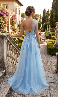 A woman in the Long Prom Dress: Chicas YG5028, a light blue one-shoulder chiffon gown, stands on stone steps in a formal garden with her back to the camera.