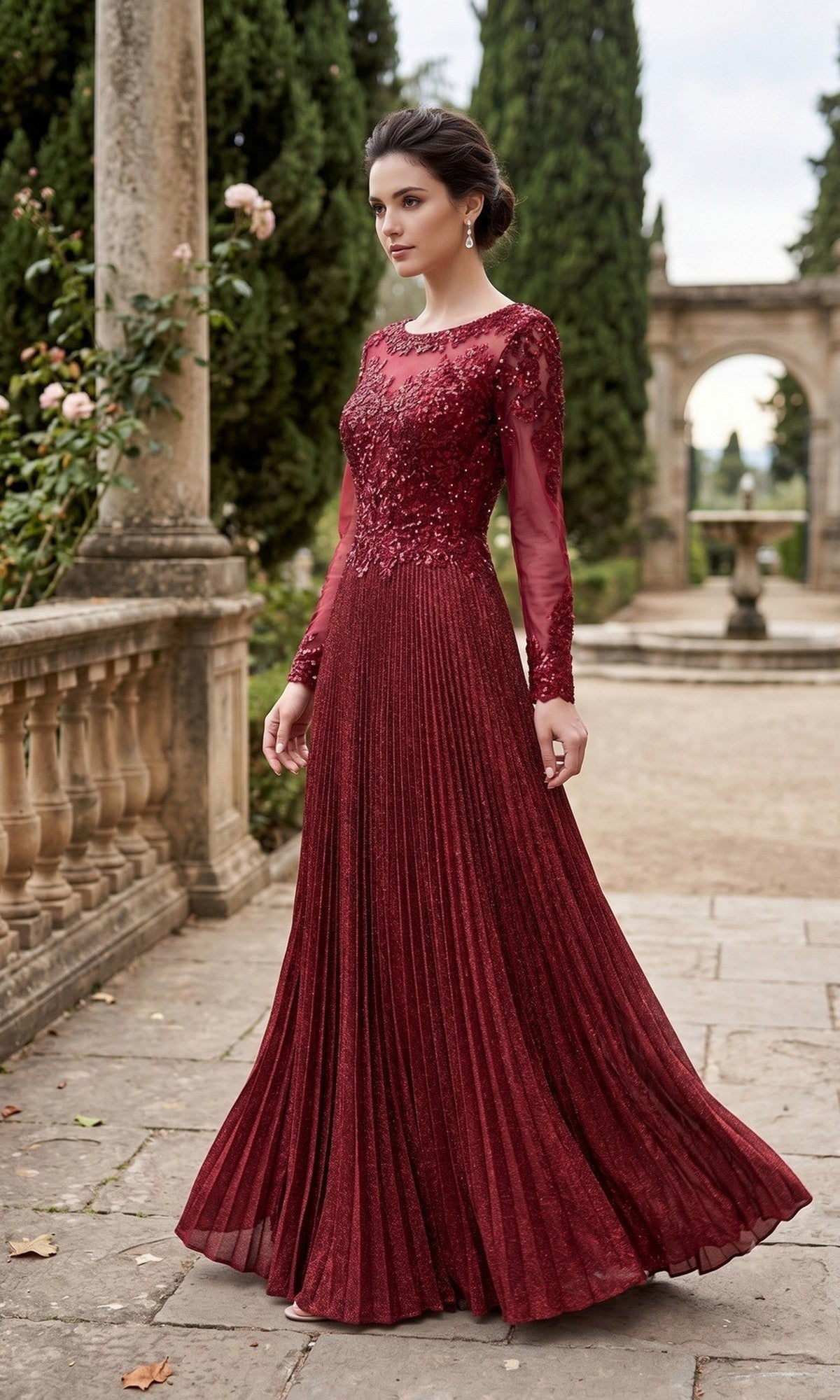 Long Pleated Formal Dress with Long Sleeve Bodice Rose / Large