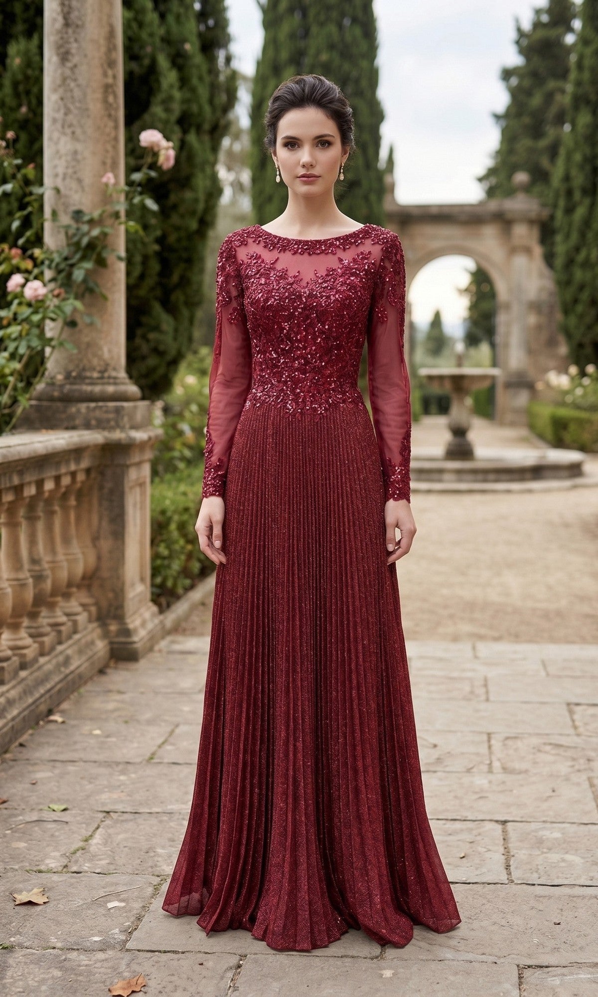 Long Pleated Formal Dress with Long Sleeve Bodice Rose / Large