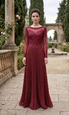 A woman stands outdoors in the Long Formal Dress: Chicas YG5031, a modest floor-length burgundy gown with lace and beaded details, surrounded by stone columns and lush greenery.