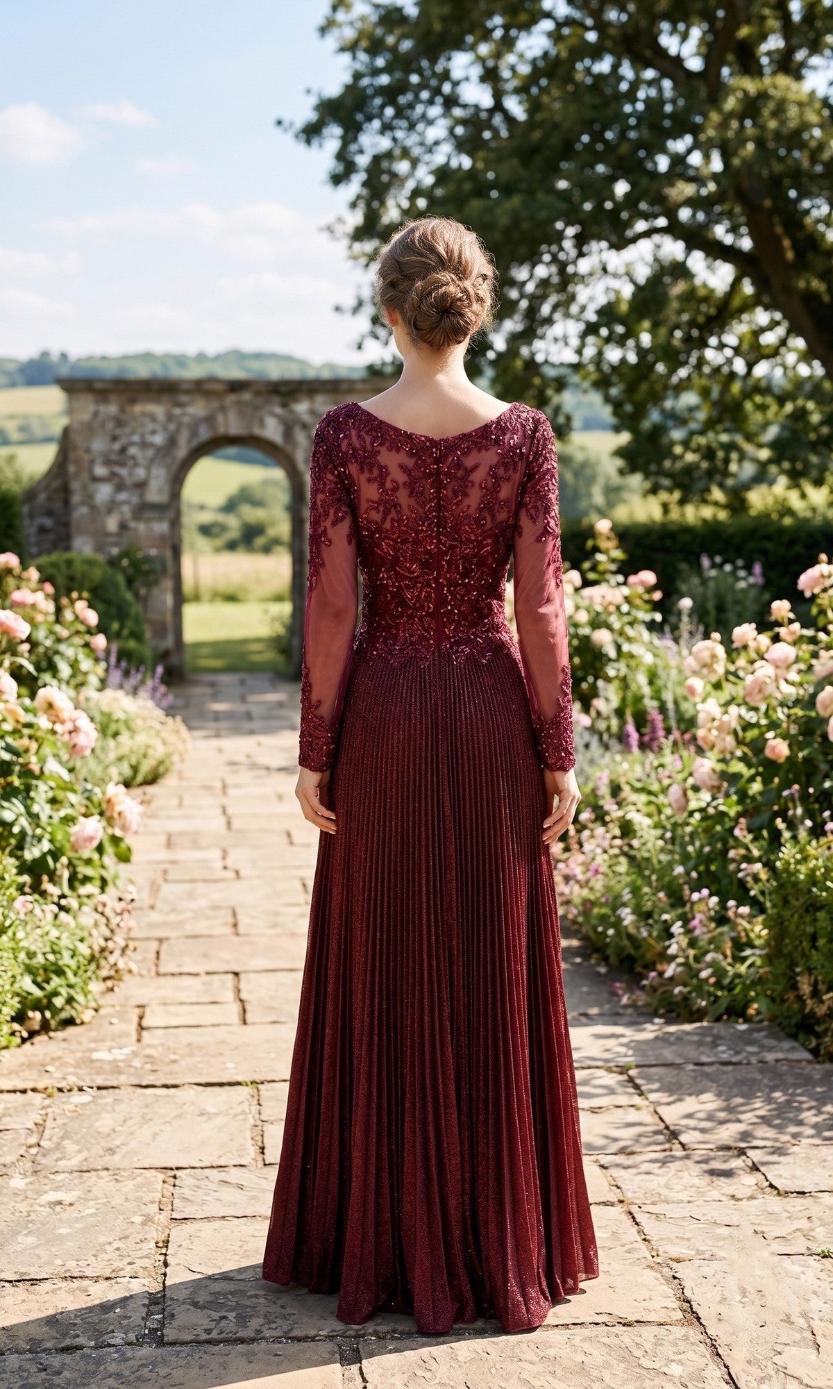 Long Pleated Formal Dress with Long Sleeve Bodice Rose / Large
