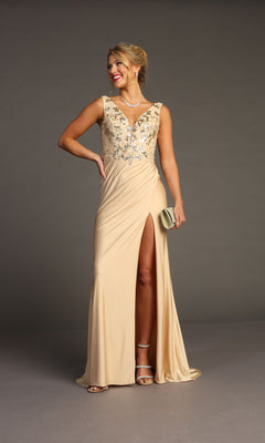 Woman in the Sequin-Bodice Long Prom Dress: Chicas YG5032, a sleeveless beige gown with a high slit and sparkling bodice, paired with strappy heels and a clutch, standing against a plain background.