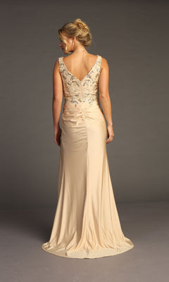 A woman faces away, wearing the Sequin-Bodice Long Prom Dress (Chicas YG5032), a sleeveless floor-length gown featuring decorative beading on the upper back and shoulders, set against a plain gray background.