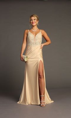 A woman in the Lace-Bodice Slinky Long Prom Dress (Chicas YG5033), a beige sleeveless evening gown with embroidered lace and a thigh-high slit, holding a clutch against a plain gray background.