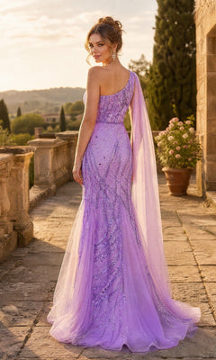 A woman wears the Long Formal Dress: Chicas YG5034, a lilac one-shoulder sequin gown, as she stands outdoors on a stone terrace and looks over her shoulder at the camera.
