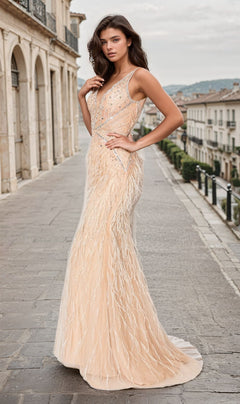 A woman in the Long Champagne Feather Prom Dress Chicas YG5036 stands on a stone-paved street lined with classic European architecture.