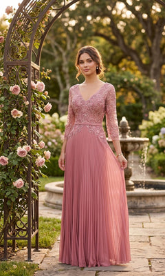 A woman wearing the Long Formal Dress: Chicas YG5038 in dark rose, featuring pleats, an embroidered bodice, and lace details, stands by a garden arch surrounded by blooming roses.