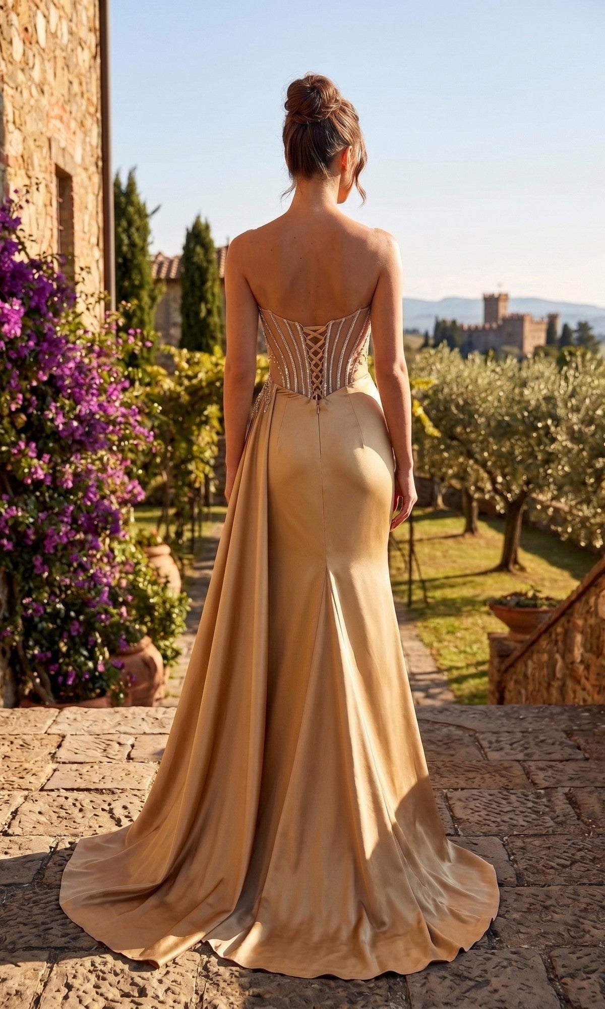 A woman wearing the Long Prom Dress: Chicas YG5041—a strapless gold gown with a sheer bodice—stands on stone steps outdoors, facing away, with gardens, trees, and historic buildings in the background.