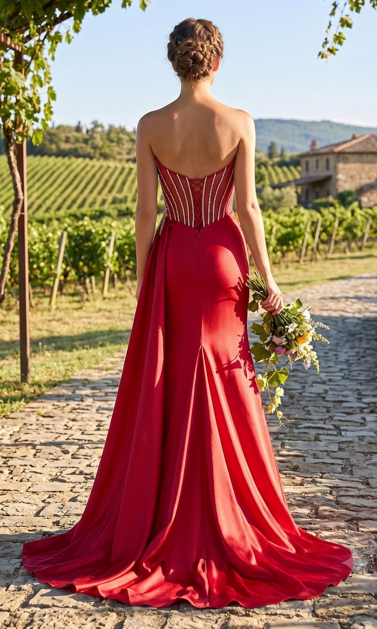A woman wearing the Long Prom Dress: Chicas YG5041—a strapless red gown with a sheer bodice—holds a bouquet as she stands on a stone path in a vineyard, facing away from the camera.