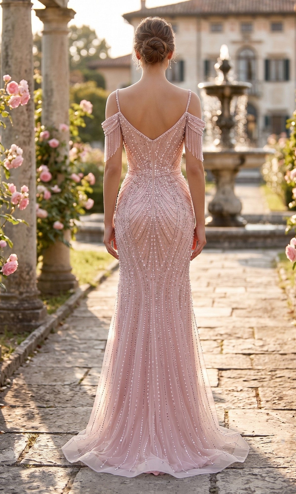 A woman wearing the Long Prom Dress: Chicas YG5042, adorned with pearls, stands on a stone path in a rose-filled garden, with stone columns and a fountain in the background.