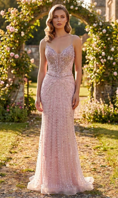 A woman wearing the Long Prom Dress: Chicas YG5043 in rose stands on a garden path lined with blooming roses and greenery, with stone arches in the background.