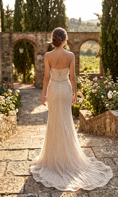 A woman wearing the Long Prom Dress: Chicas YG5043, a strapless gown embellished with beaded details, stands on stone steps in a garden surrounded by arches, greenery, and flowers, facing away from the camera.