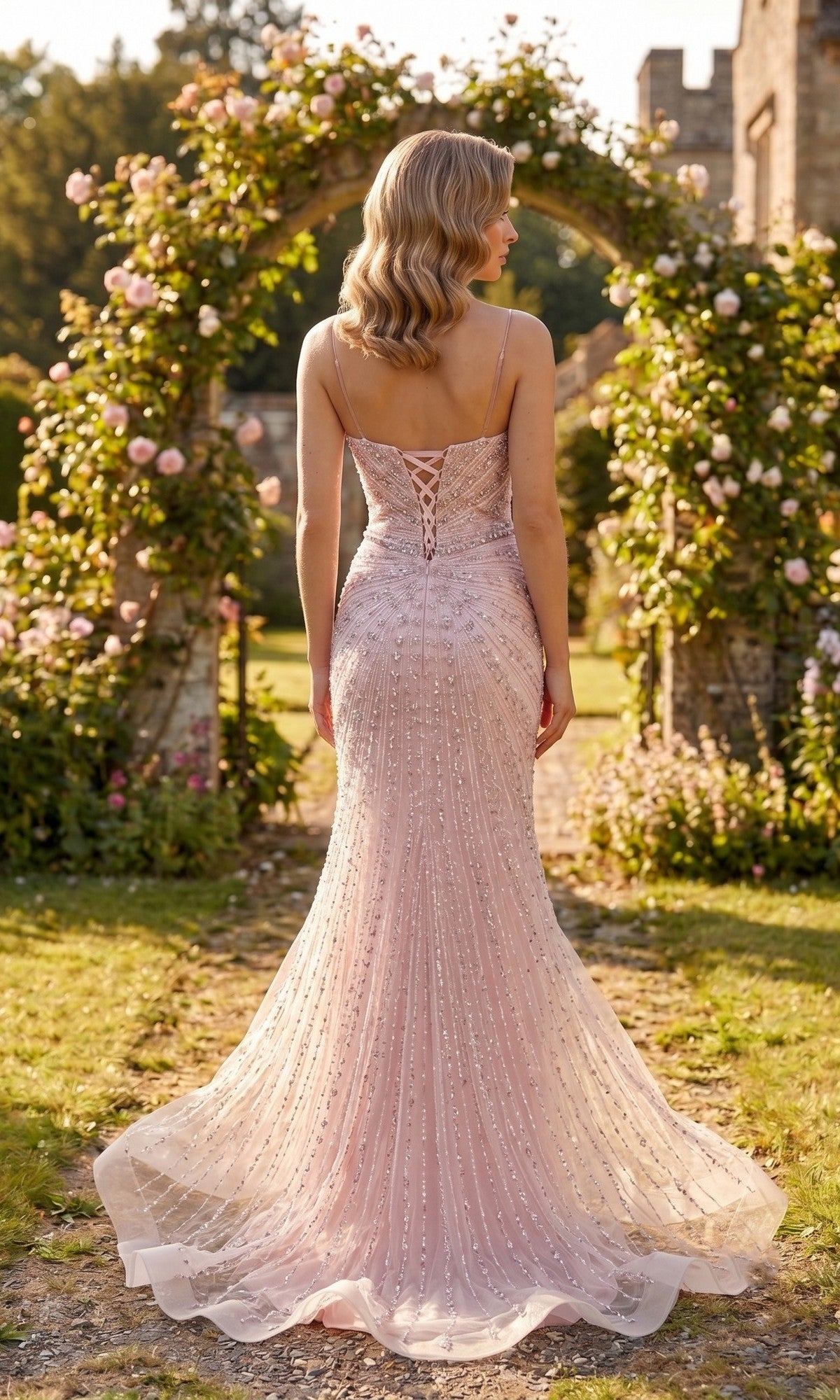 Dressed in the Long Prom Dress: Chicas YG5043—a light pink, beaded gown that glimmers in the sunlight—a woman stands outdoors facing away, encircled by blooming flowers and greenery beneath an archway, her attire radiating the charm of a sparkling prom dress.