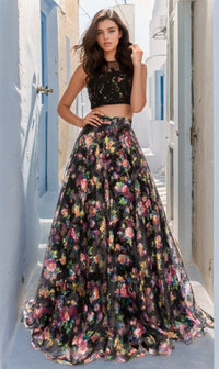 Two-Piece Floral-Print Long Prom Dress B6803