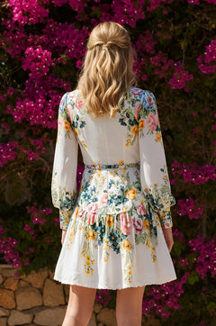 A woman with wavy blonde hair stands outdoors, facing away, wearing the Zoe Long-Sleeve Floral-Print Ivory Casual Dress. Pink flowers and greenery form a lush backdrop.