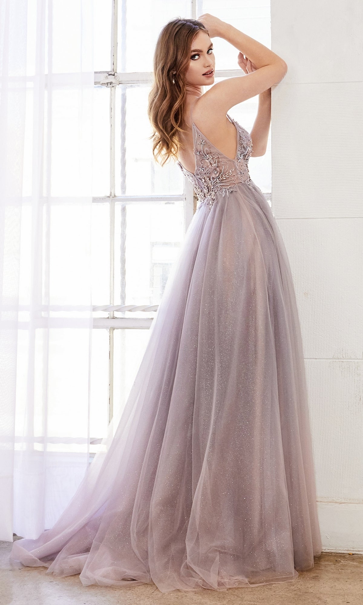 Long Glitter A-Line Prom Dress with Beads