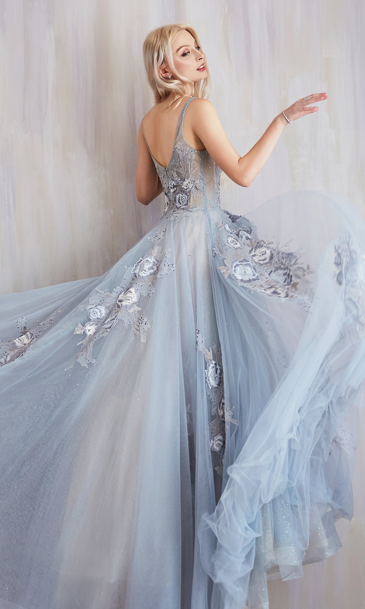Long Prom Ball Gown with Beaded Flowers