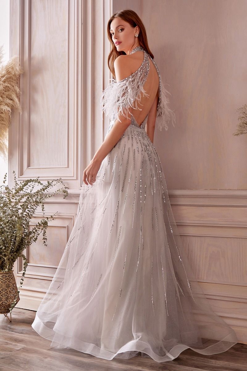 Feathered Long Silver Beaded Prom Dress A1023