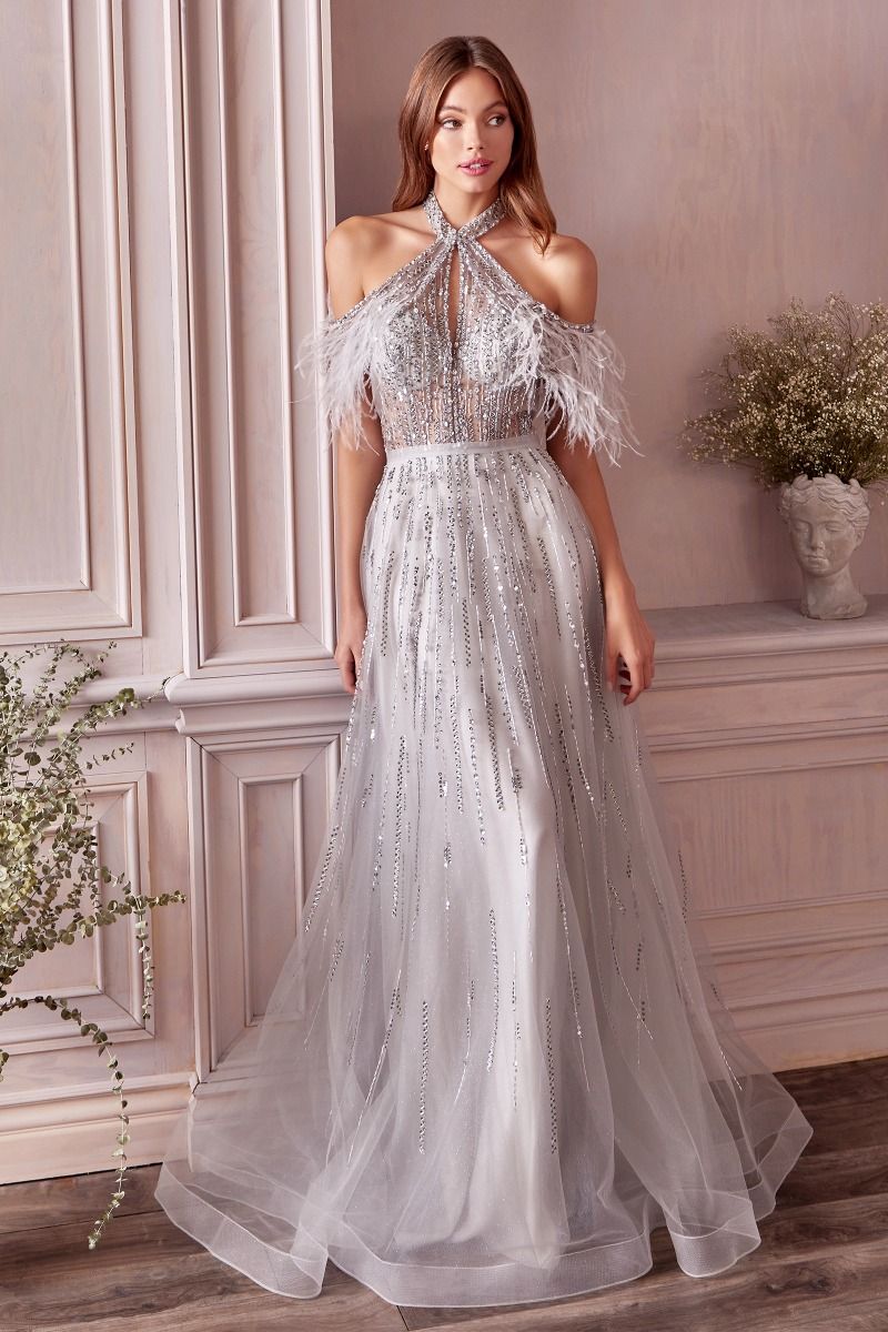 Feathered Long Silver Beaded Prom Dress A1023