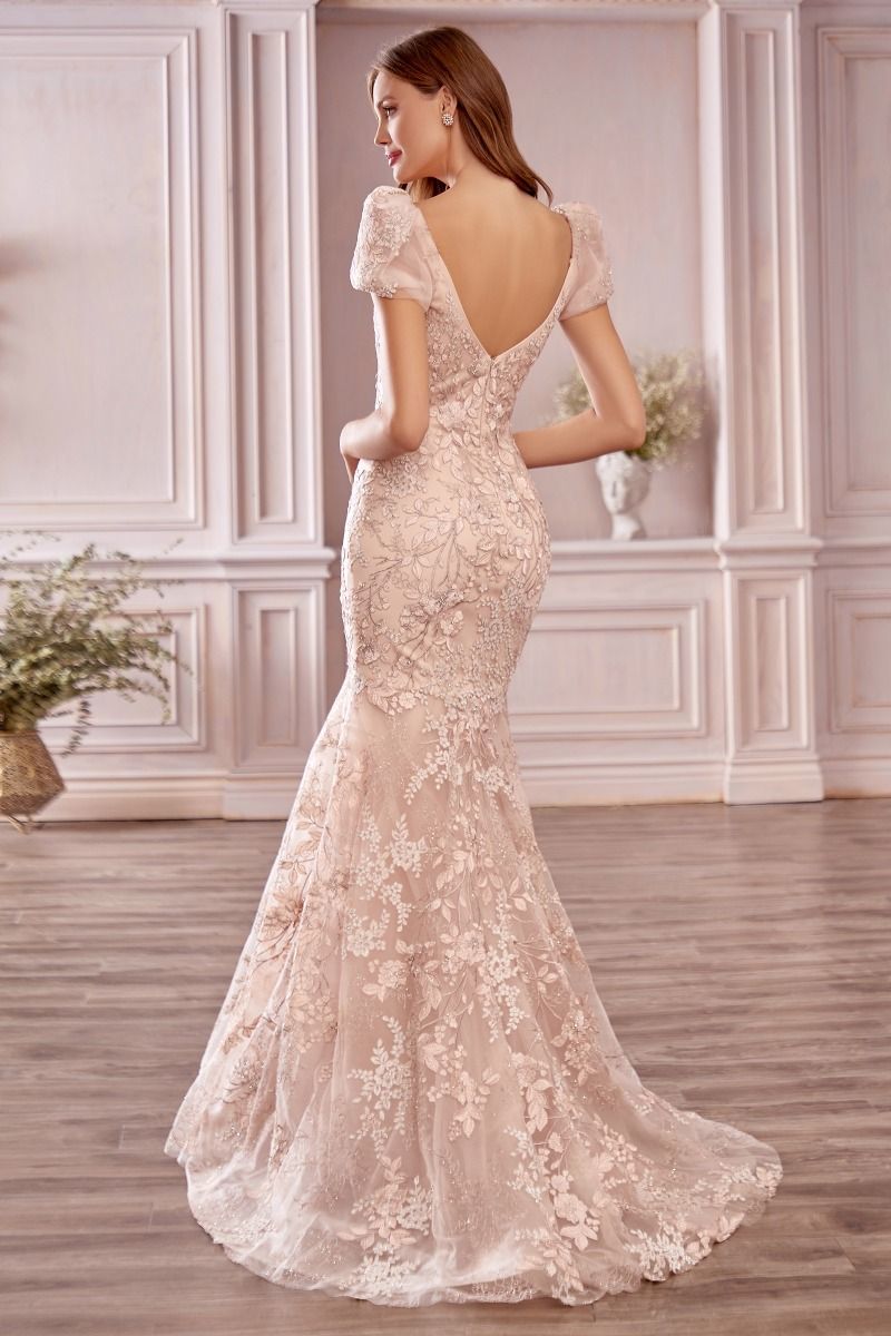 Long Blush Pink Mermaid Prom Dress with Short Sleeves– PromGirl