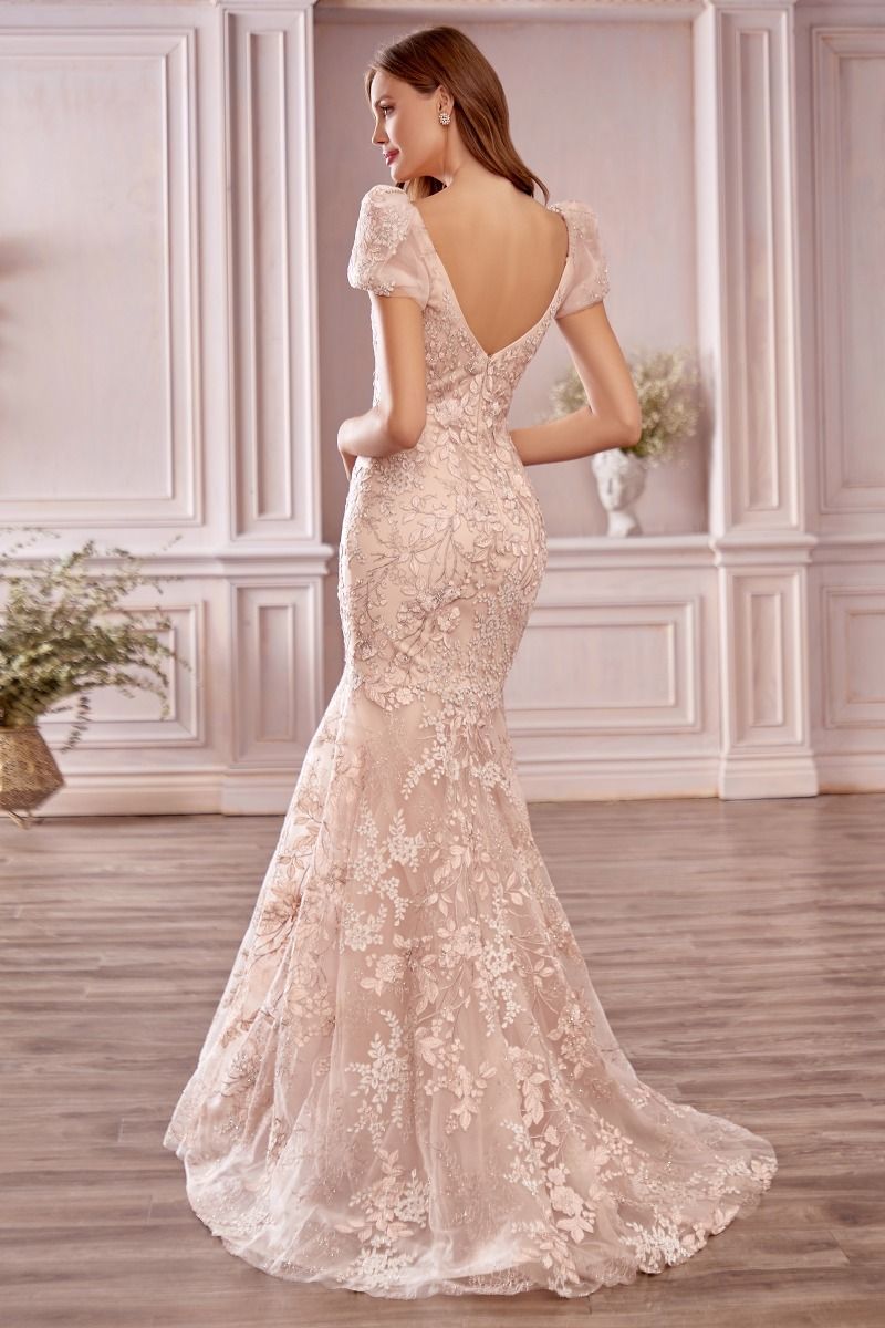 Long Pink Short-Sleeve Mermaid Prom Dress A1025