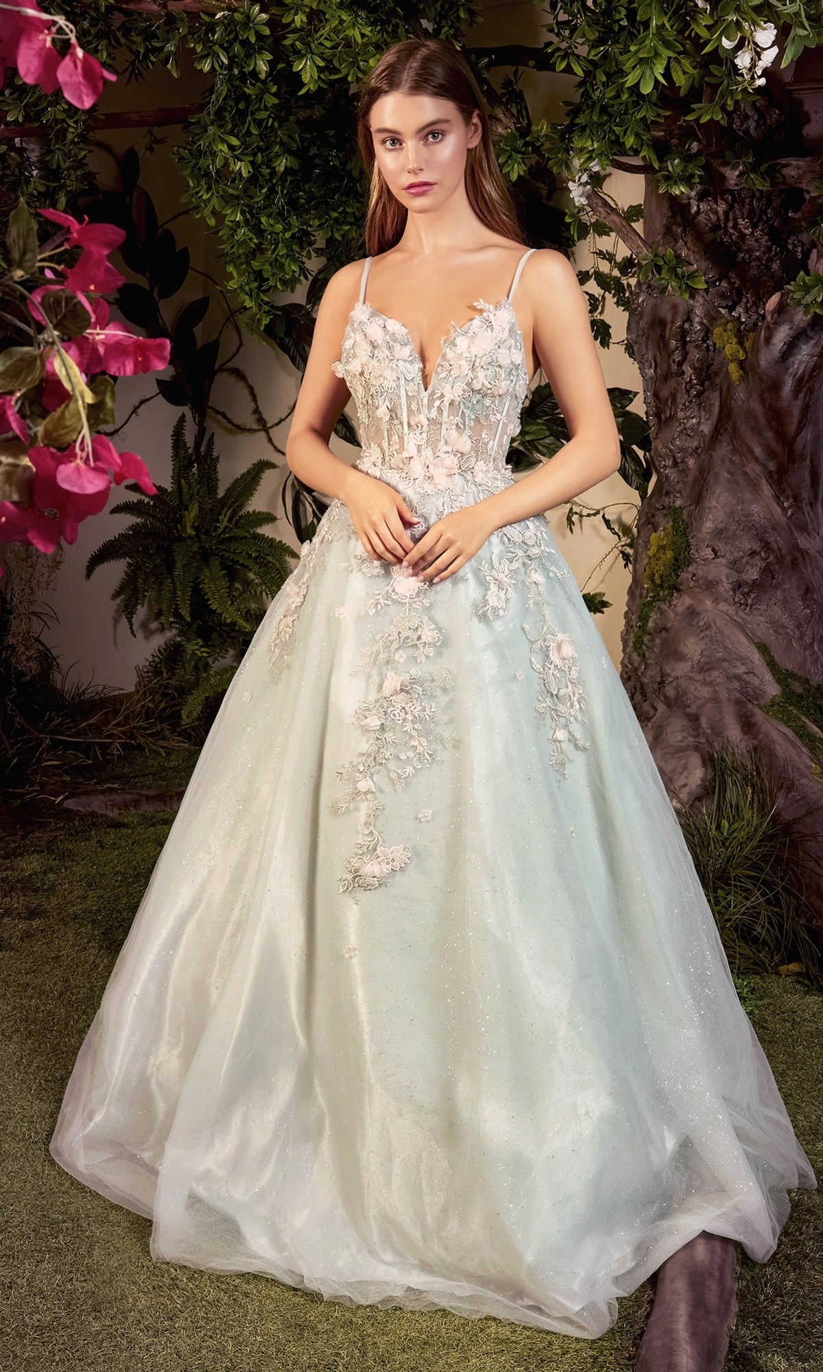 Embroidered-Corset Long Green Prom Ball Gown A1040