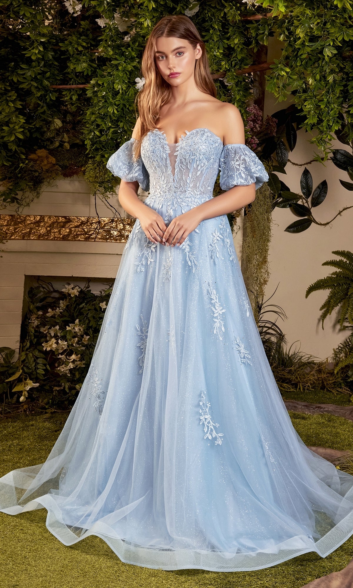 Strapless Puff-Sleeve Long Prom Ball Gown A1046
