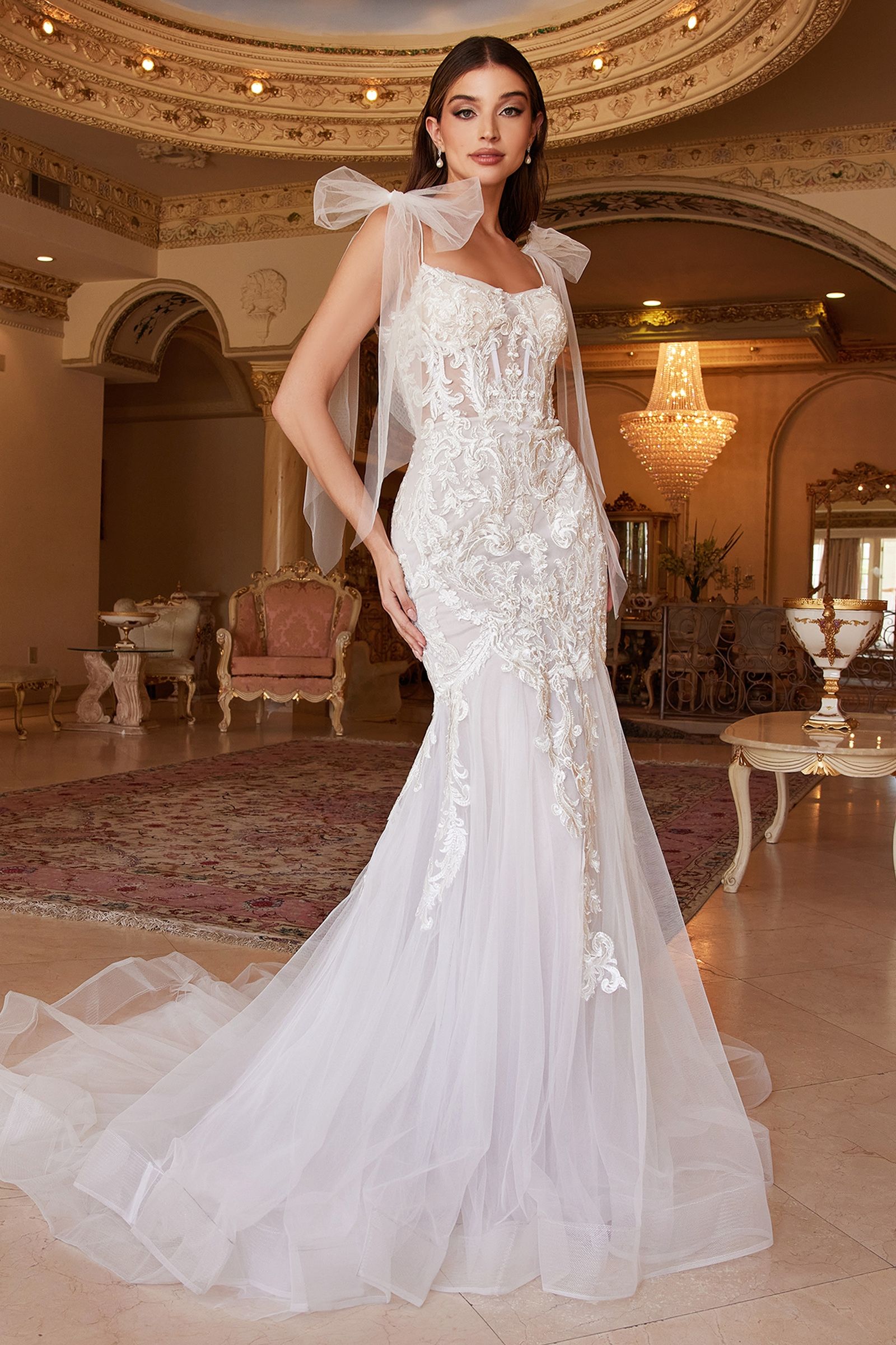 Shoulder-Bows Off-White Long Wedding Dress A1086W