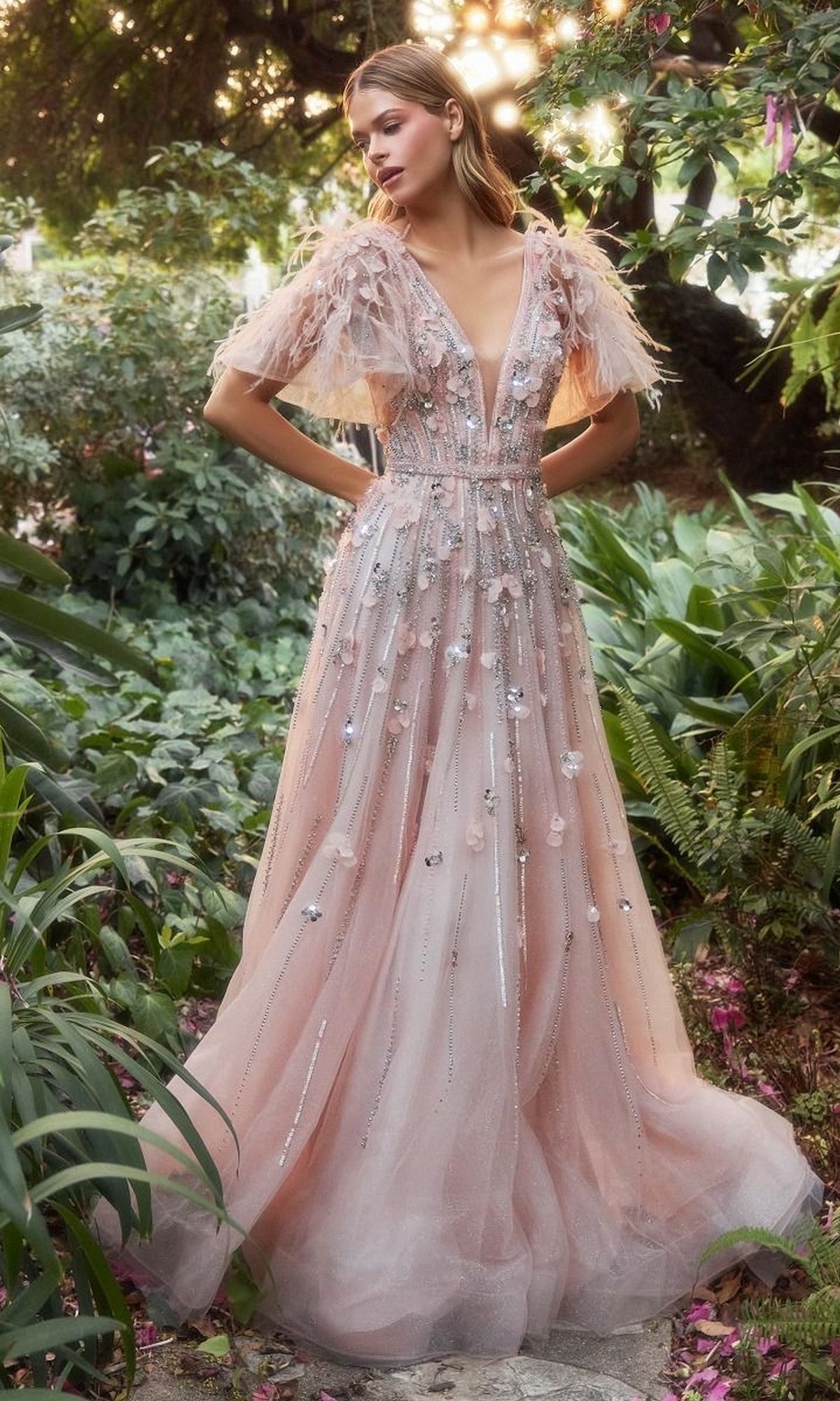 Blush Pink Long Flutter-Sleeve Prom Gown A1176 Blush / 2