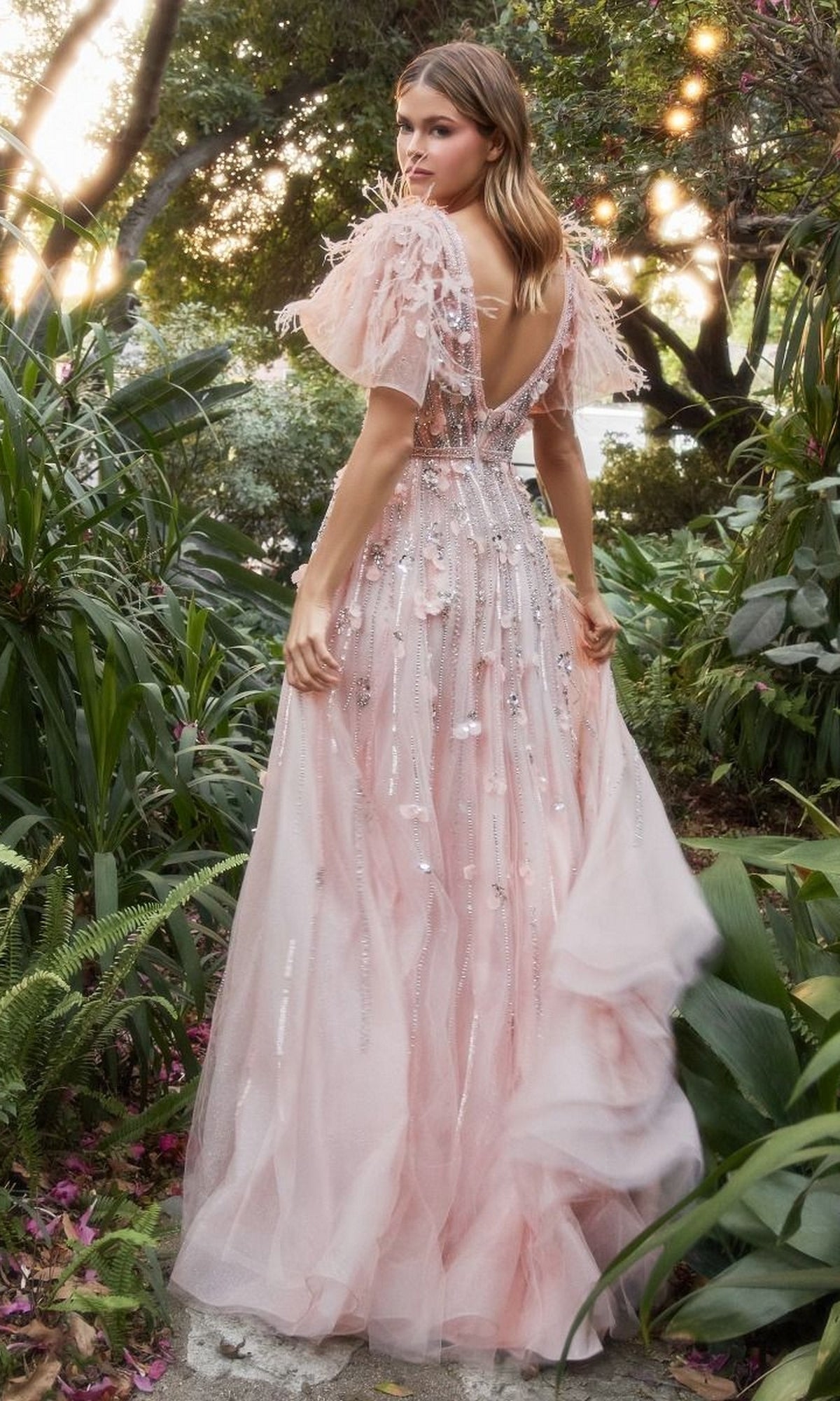 Blush Pink Long Flutter-Sleeve Prom Gown A1176